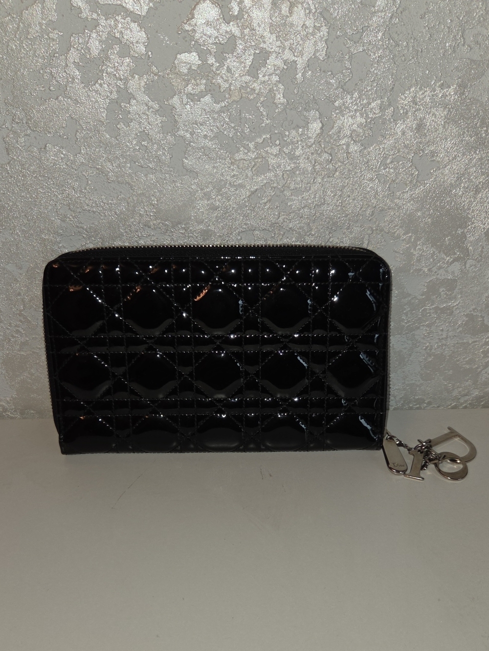 Dior Black Patent Quilted Zip Wallet with Silver Charm Organazer